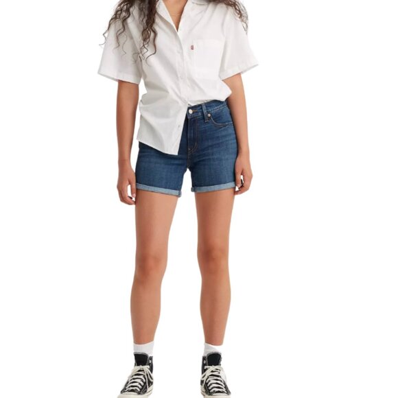 Levis 18W Mid Length Hi Waist Dark Wash Stretch Jean Shorts - Picture 2 of 8